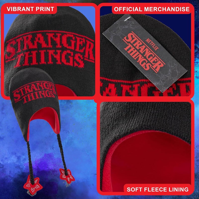 Stranger Things Beanie Hat with Ear Flaps for Kids and Teenagers - One Size Children's Winter Hats - Gifts for Kids Black/Red - Image 4